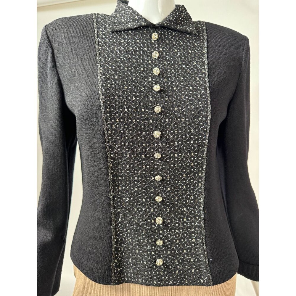 St. John Evening By Marie Gray Black Knit Rhinestone Button Down Top w/ Blemish